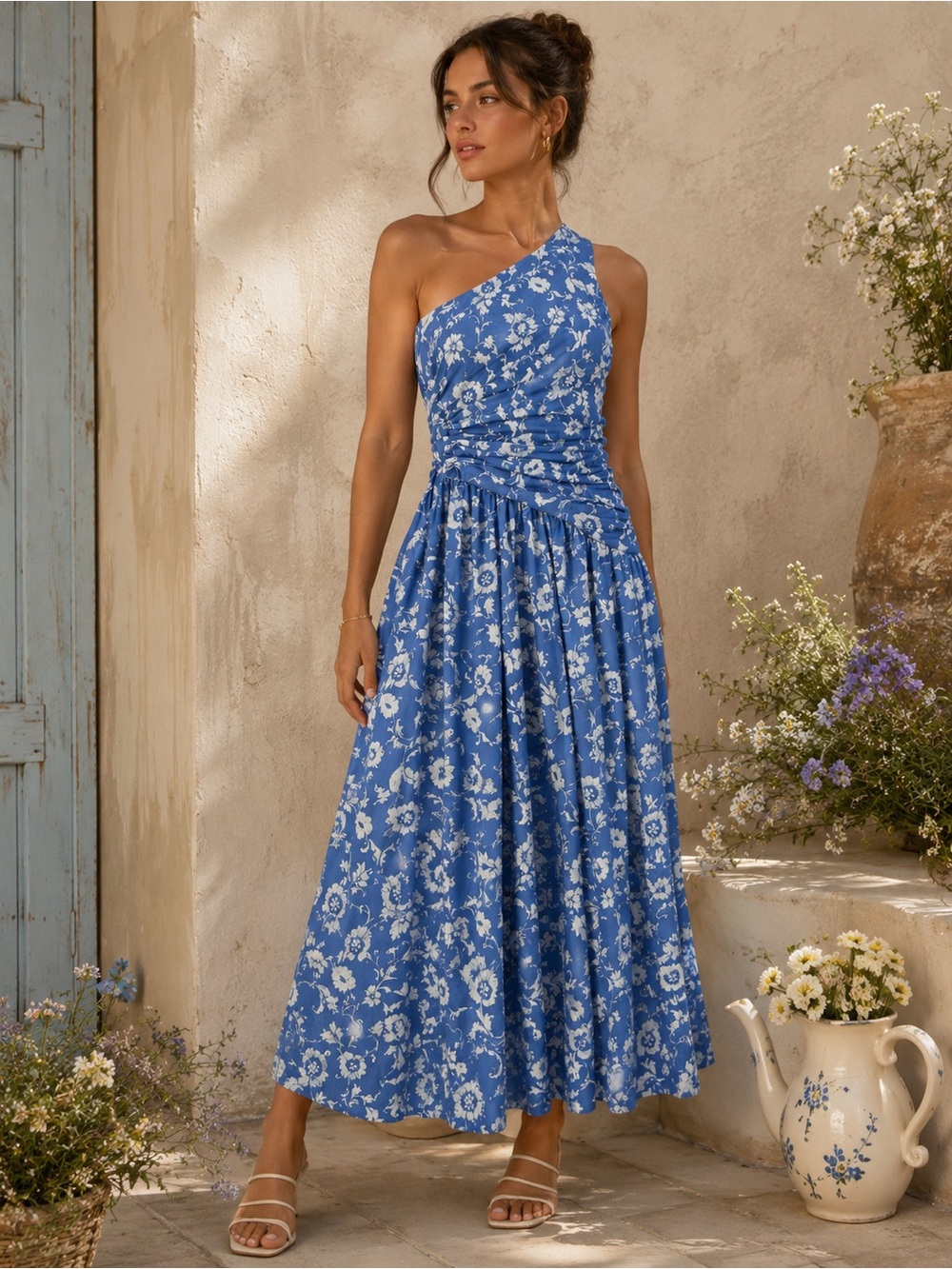 NWT Abercrombie & Fitch Womens Blue Floral One Shoulder Maxi Dress Peekaboo open